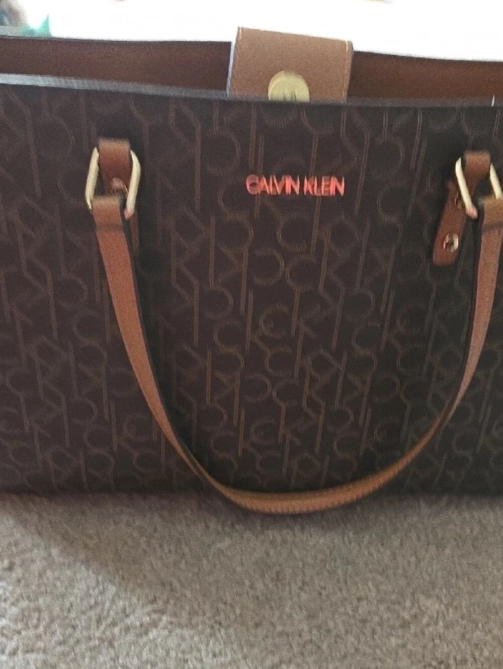 Calvin Klein Dark Brown Monogram Tote with Tan Straps